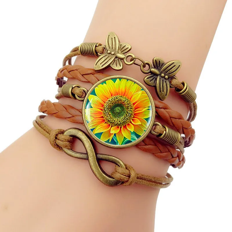 

Multilayer Handmade Leathers Braided Bracelet Sunflower Girls Braided Wristband Bracelet Men for Jewelry for Womens Gift