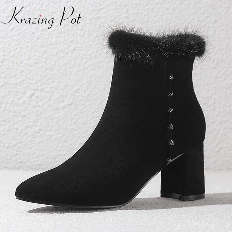 

krazing pot 2018 sheep suede women winter pointed toe thick high heels Korean mane fur fashion elegant charming ankle boots L08