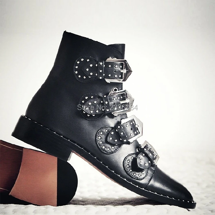 

Fashion Women Leather Tactical Ankle Boots For Female Western Vintage Rivets Studded Motorcycle Punk Shoes Woman Size 35-42