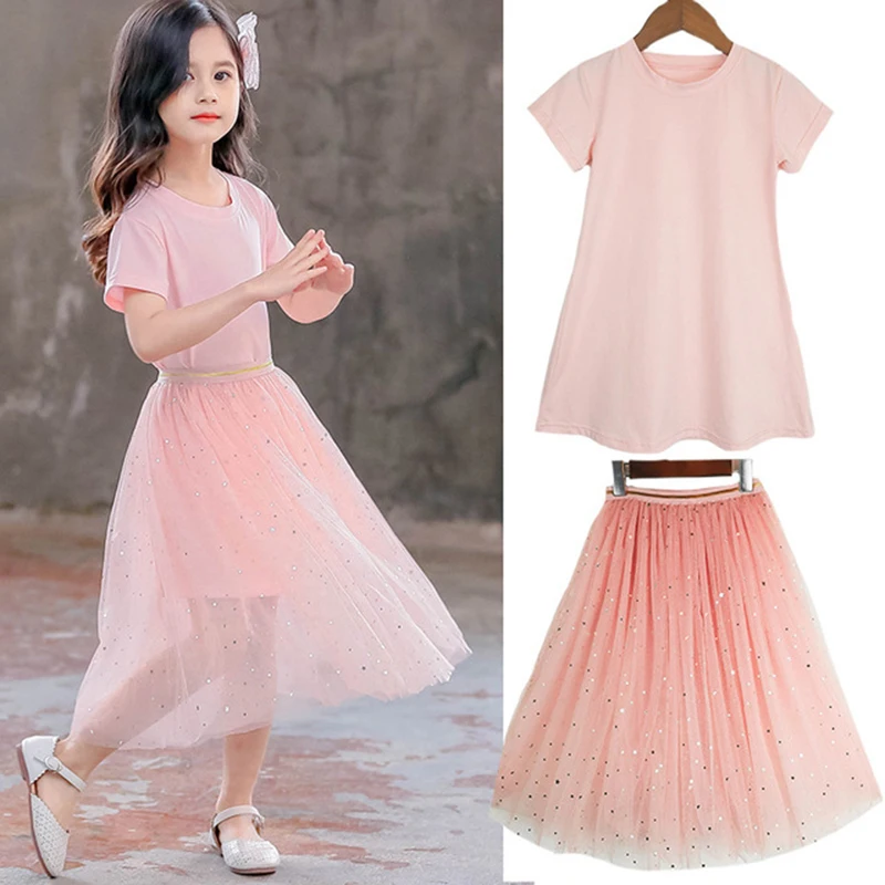 New girls 4-12 years old 2019 cotton Korean fashion children s wear knee princess skirt two-piece