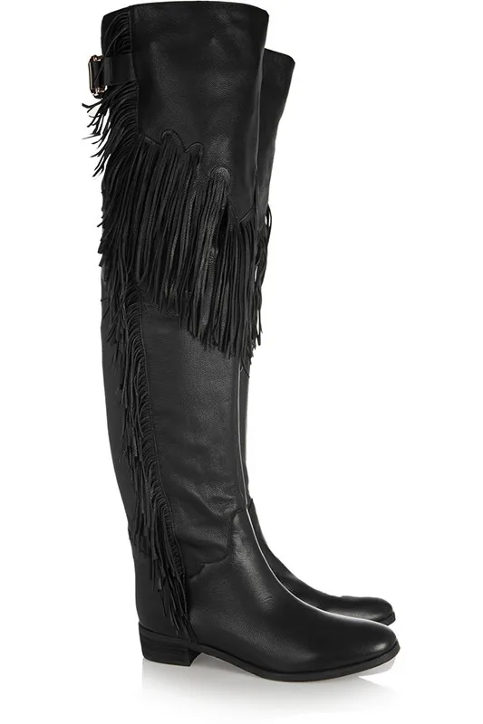 Новые черные, коричневые кожаные сапоги на плоской подошве с бахромой высокие сапоги до бедра женские кожаные сапоги с бахромой Размеры 35-42, обувь для выпускного бала wo