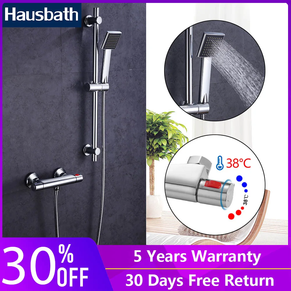 Thermostatic Shower System Chrome Surface Slide Bar Adjustable Rail Thermostat Mixer Hose And Hand Head | Обустройство дома