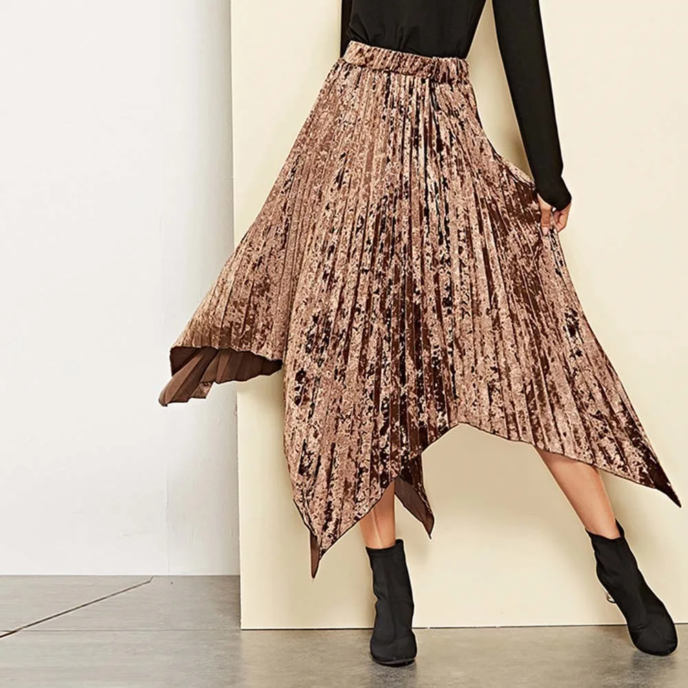 Fall Boho Elegant Casual Women Skirts Pleated High Waist Plain ...