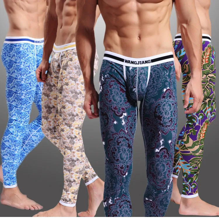 Men Long Johns Cotton Underwear Sexy Print U Convex Pouch Mens Long
