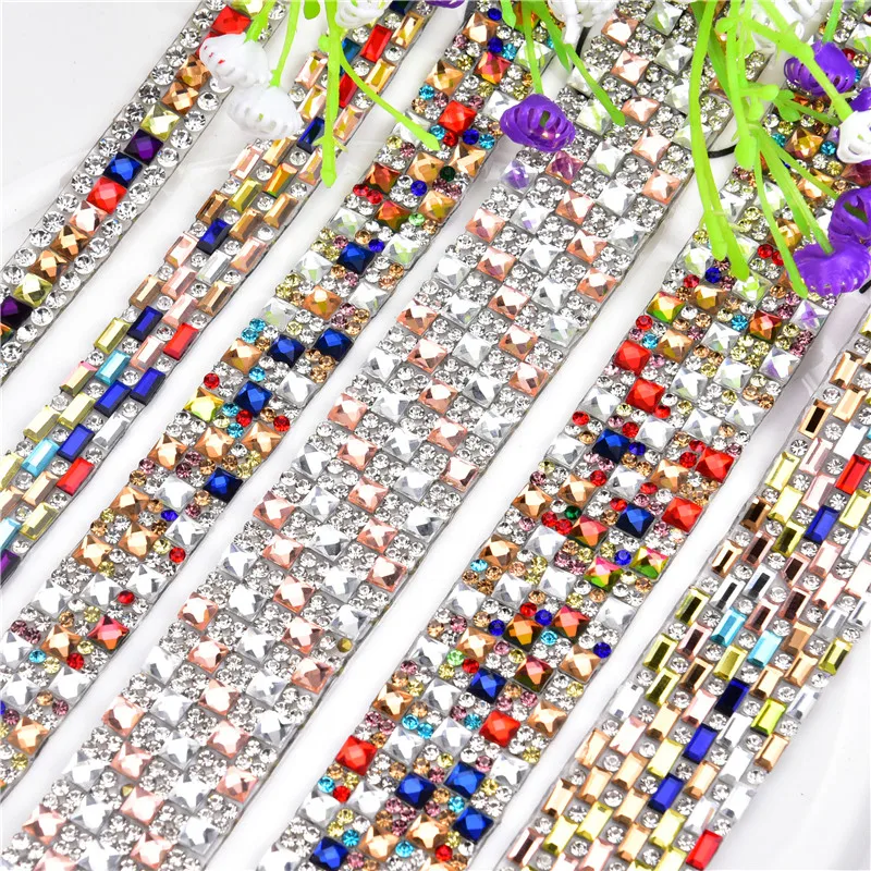 

2Yard rectangle mix Glass Hotfix Rhinestones Chain Trim Strass Crystal Banding Mesh Bridal Crystal Appliques For Wedding Dress
