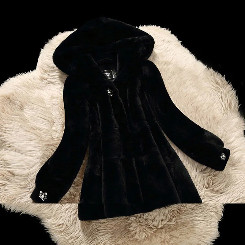 Утолщение теплый Настоящий мех кролика пальто Верхняя одежда для женщин алмаз камень с капюшоном длинным рукавом зимние меховые куртки кожаные пальто - Цвет: black