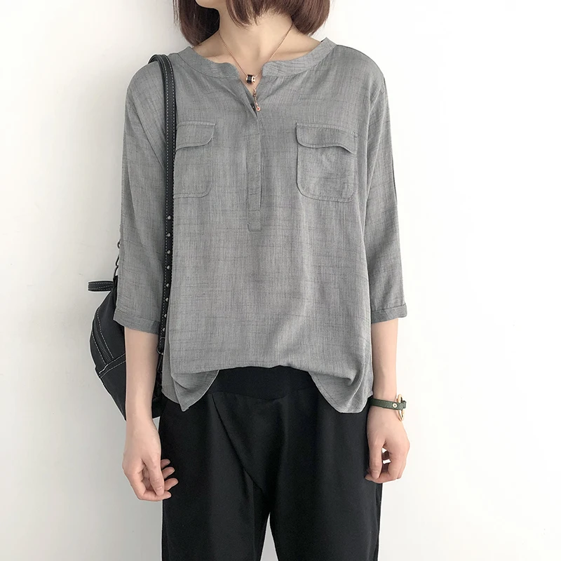 

Casual Women Pockets Cotton Linen Tshirt 2019 Summer Three Quarter Sleeve Solid Color Loose Female Blouse YoYiKamomo