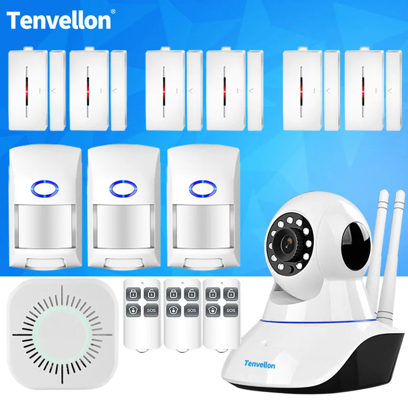

Alarm Systems Security Home WIFI IP Camera Wireless Alarm System With Sensor Alarm remote Smoke Detector DIY Kit APP Control
