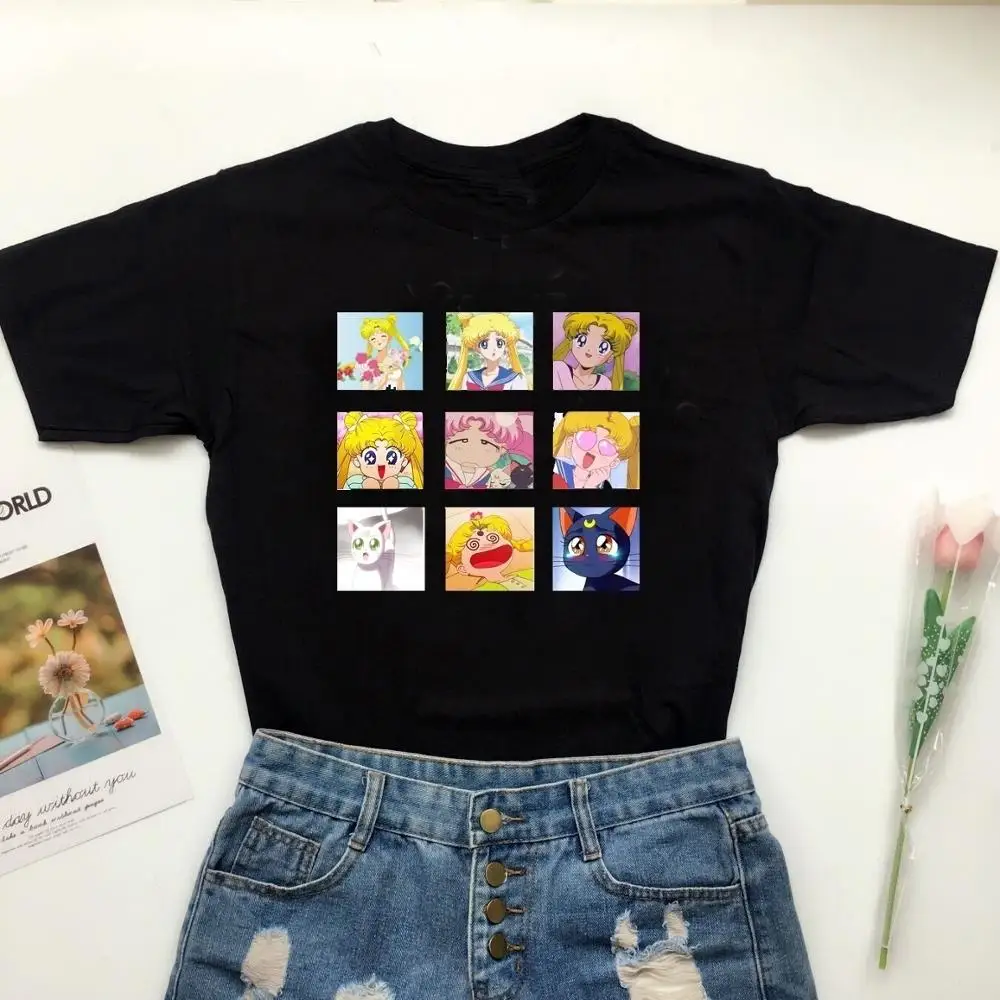 Сейлор Мун футболки летняя мода Kawaii Женская Черная Футболка Harajuku с коротким