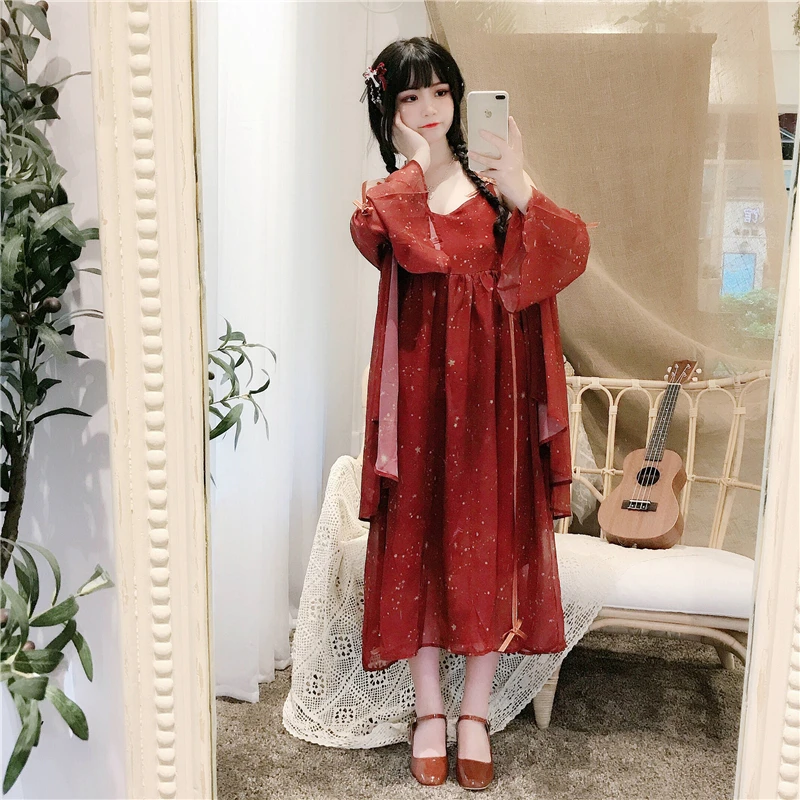 Платье Лолиты Kawaii платье для женщин японская милая Лолита позолоченное платье на бретелях+ солнцезащитное пальто куртка из двух частей милый