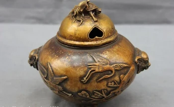

song voge gem S0732 China Royal Copper bronze Lion Ear red crown crane Turtle incense burner Censer