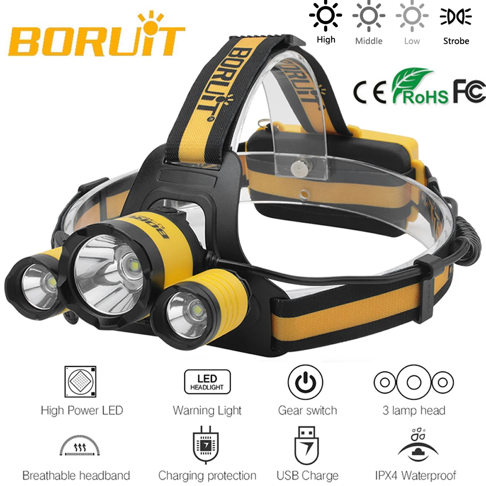 buy BORUIT LED Micro USB Headlamp RJ 3000 Plus 3x XM L T6 2x18650 PCB Rechargeable Battery Head Touch Headlight Head Light Lamp