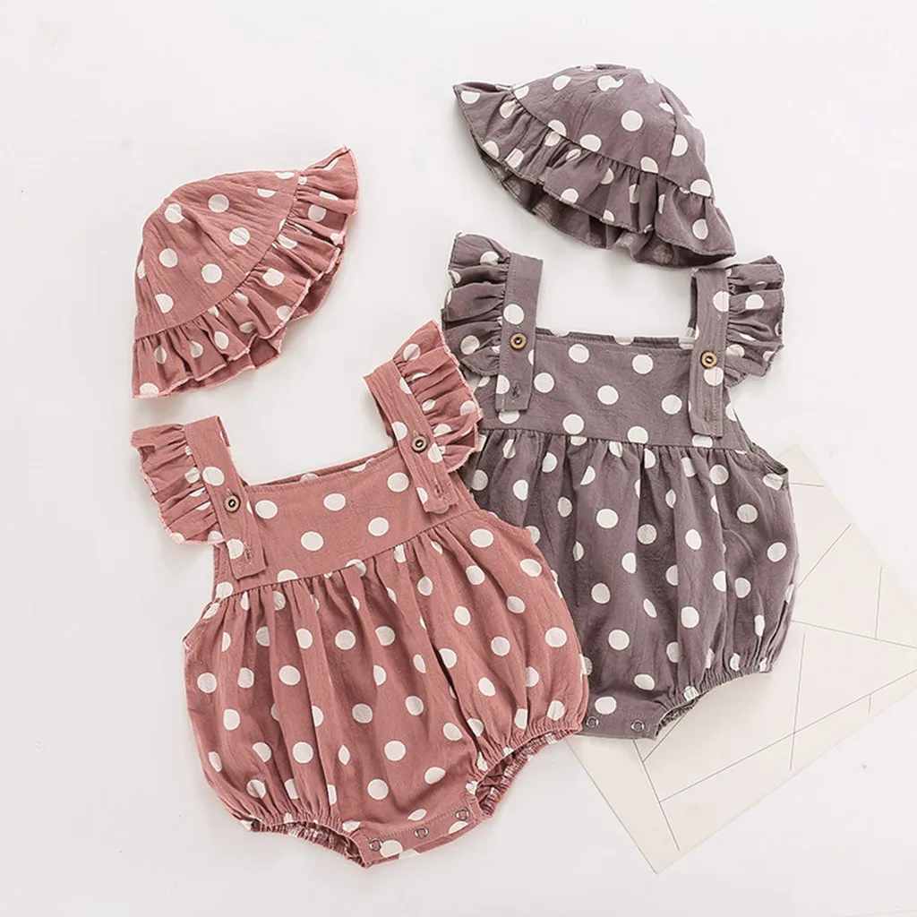 

Infant Clothing Body Baby Boys&Girls Sleeveless Ruffles Dot Print Romper Bodysuit + Hat Set MuqGew Costume Clothes for Newborns