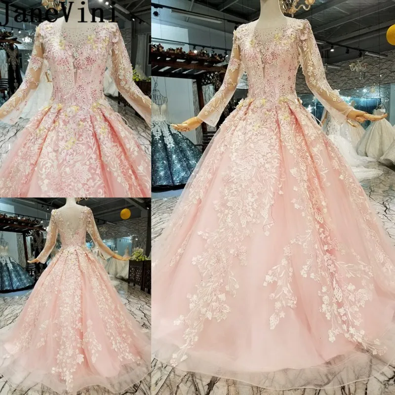 

JaneVini Pink Elegant Long Sleeve Bride Wedding Party Dress Women Beaded Lace Appliques Long Formal Dress Tulle Bridesmaid Dress