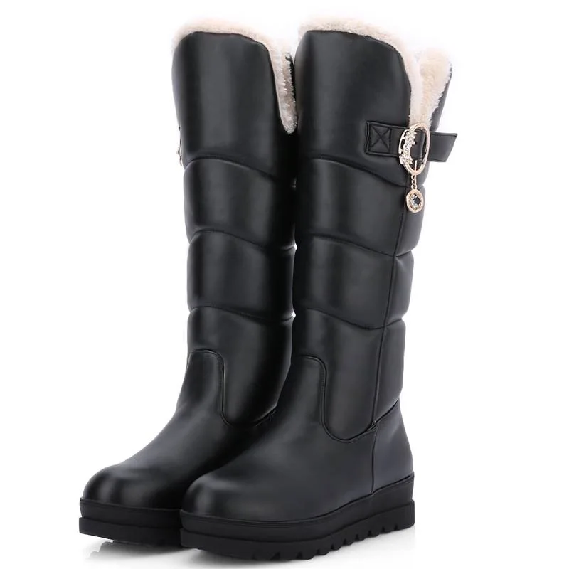 

Russia winter boots keep warm knee high boots round toe down fur ladies fashion  Buckle women snow boots shoes
