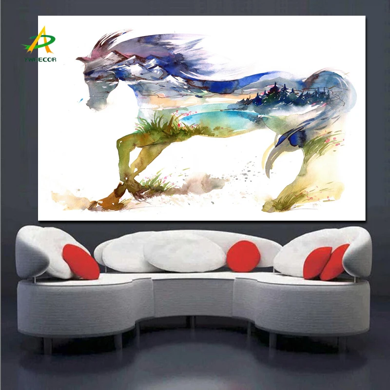 

YWDECOR HD Print Abstract Animal Watercolor Running Horse Painting on Canvas POP Art Wall Picture Modern Poster for Living Room
