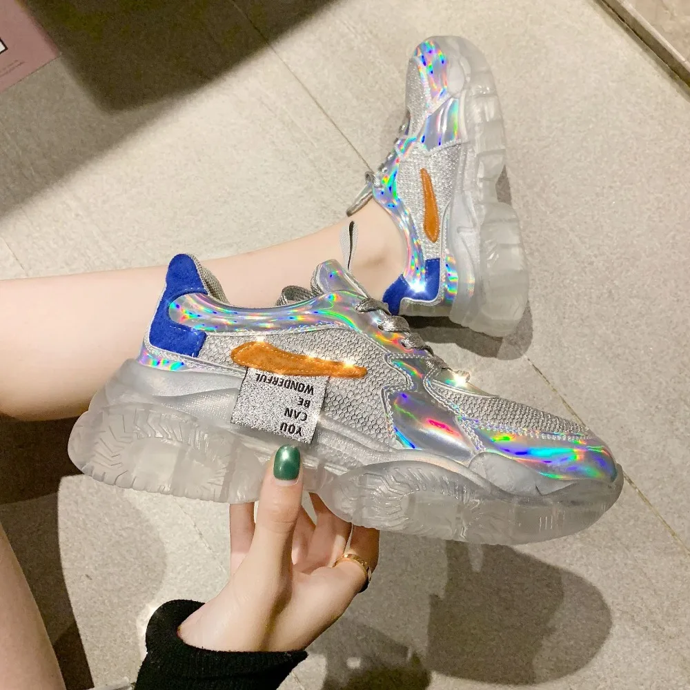 Брендовые весенние трендовые женские прозрачные кроссовки Harajuku женская обувь на платформе прозрачная обувь Лазерная повседневная обувь