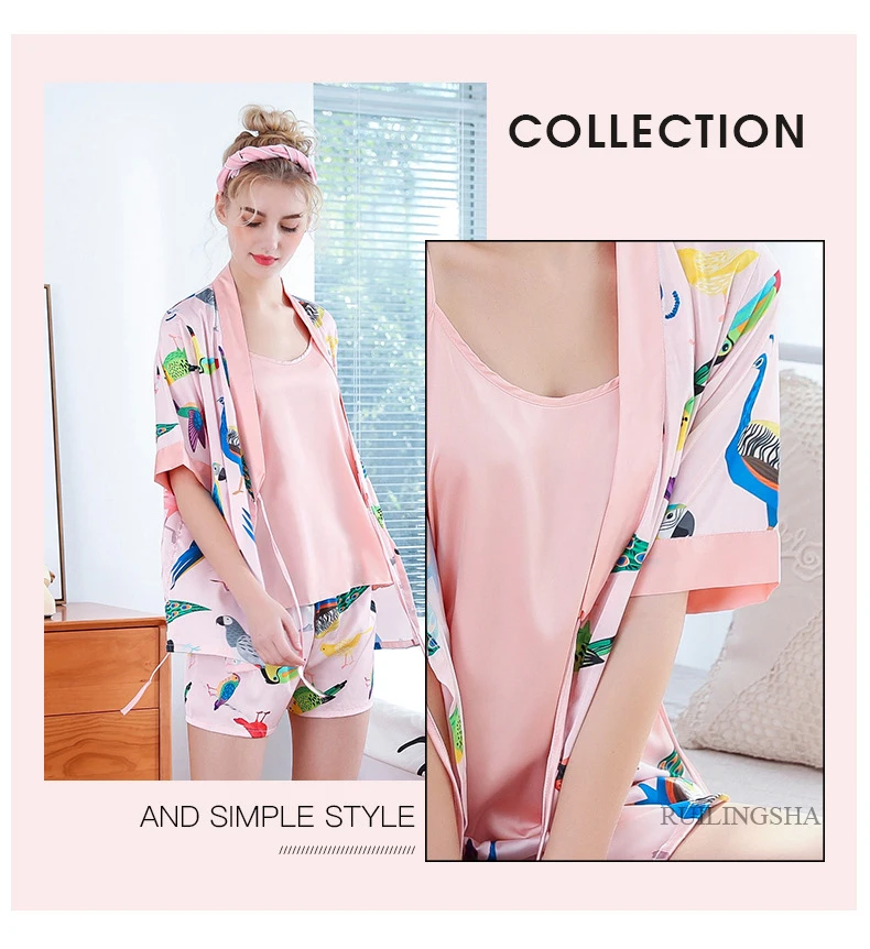 Женский стиль весна и лето Шелковый принт спагетти ремень шорты халат из трех частей женский пижамный комплект
