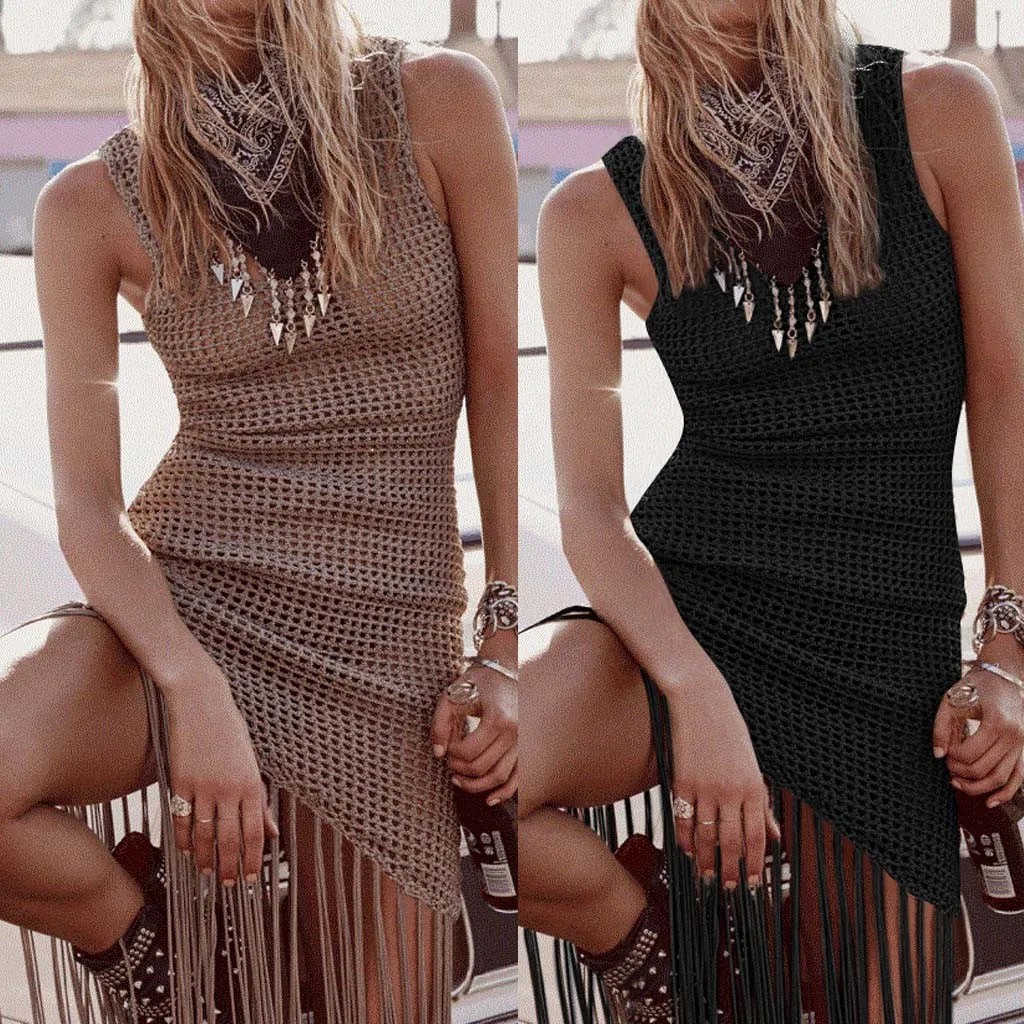 

Swimwear Women Tassel Summer Tops Tunic Beach Knit Cover up Swim Suit Beachwear Beach Dress Bikini 2019 Monokini Dropshipping