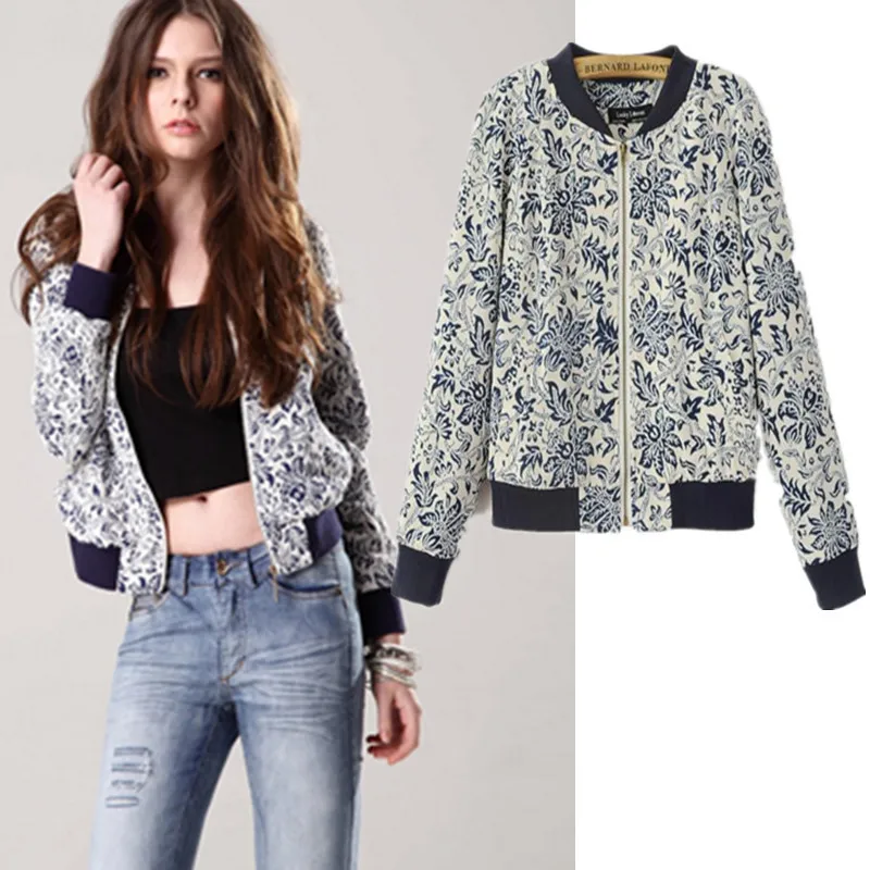 Outerwear Female Printed Zipper Black Baseball Jacket Long