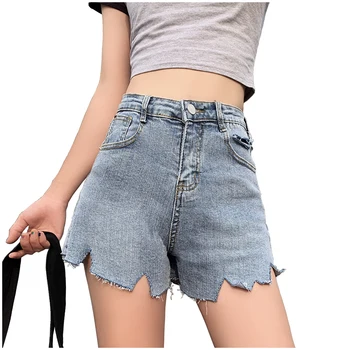 

Denim Shorts Irregular Hem Summer High Waist Women Casual Loose 2019 New Ladies Fashion Pocket Blue Jeans Female