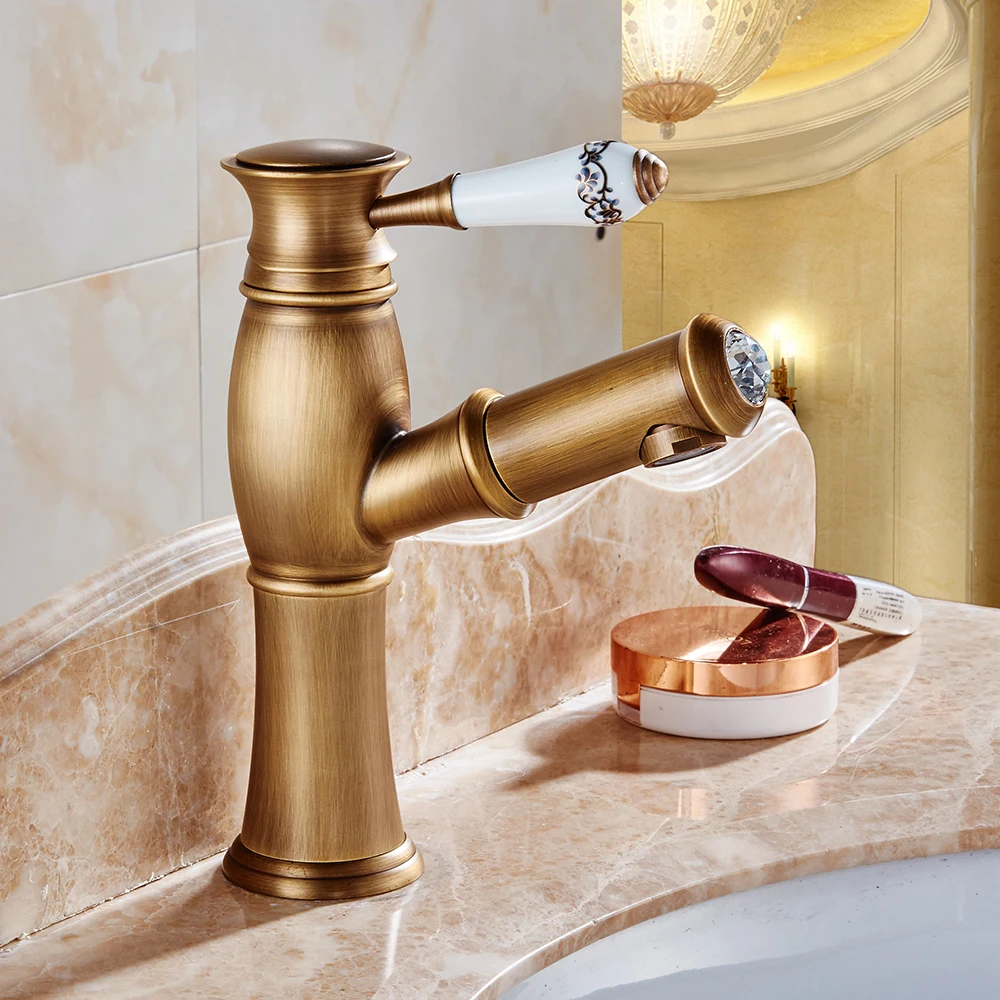 

Basin Faucets Pull Out Bathroom Sink Taps Crystal Ceramic Single Handle Antique Luxury 360 Degree Swivel Spout Home Decor Q992