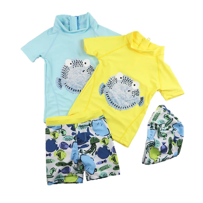 

Summer Baby Boy Swimwear Kids Puffer Fish Short Sleeve Bathing Toddler Boys Baby Swimsuit Hat 1-6Y 3pcs Infant Rash Guards
