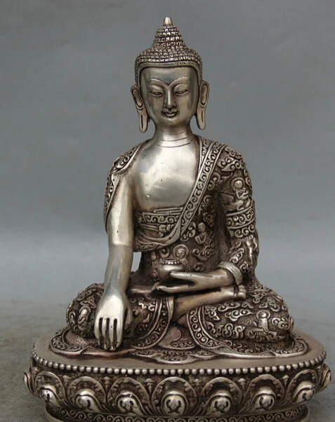 

JP S0522 9" Tibet Tibetan Buddhism Silver Shakyamuni Amitabha Buddha Robe Bowl Statue (B0328)