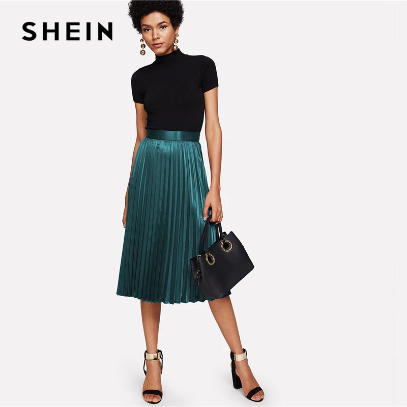 Tanie SHEIN zapięcie na zamek plisowana satynowa spódnica zielona średnio wysoka talia kobiety odzież zwykły spódnica Party 2018 wiosna na co dzień pełna długość spódnica
