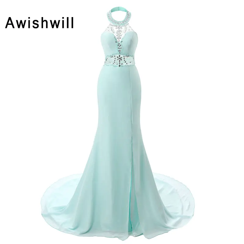 

Sexy Prom Dresses 2019 Halter Beadings Chiffon Front Slit Backless Robe De Soiree Elegant Long Evening Dresses Real Photo