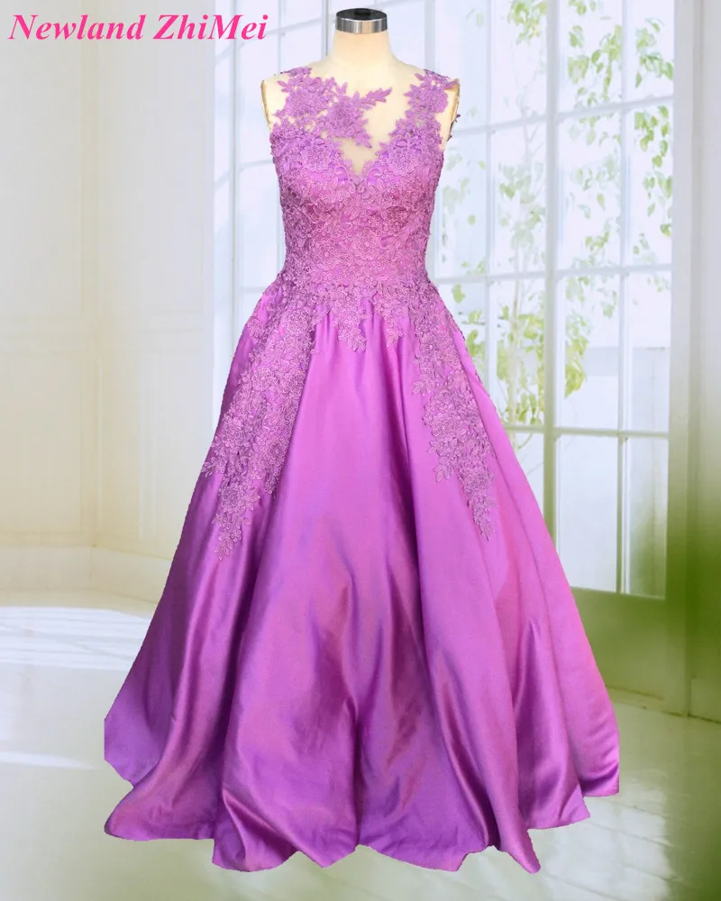 

Good Quality A Line Prom Dress 2018 Purple Applique Satin Prom Night Gown vestido de formatura Custom Made