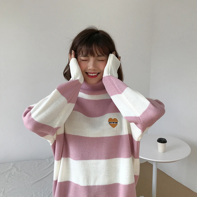 Ceny Koreański miękkie siostra śliczne cukierki kolor paskiem sweter z dzianiny kobiety zima golf z długim rękawem Pullover Jumper