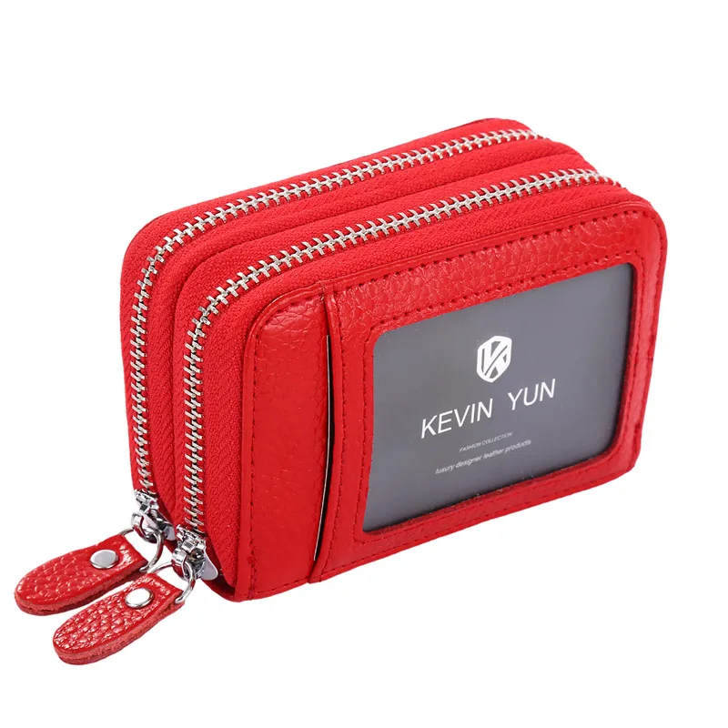 Кевин Юн дизайнерский бренд для женщин ID держатель для карт натуральная кожа двойная молния дамы чехол для кредитных карт кошелек большой емкости - Цвет: red