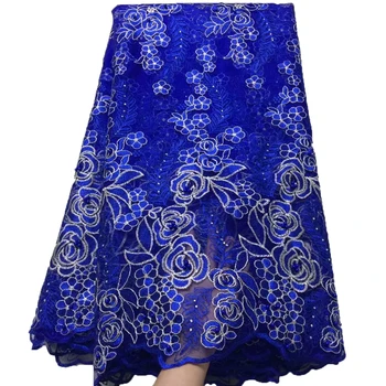 

Royal Blue African Lace 2018 High Quality Embroidery Fabric With Stones White Lace Fabric For Wedding Dress HJ1524-1