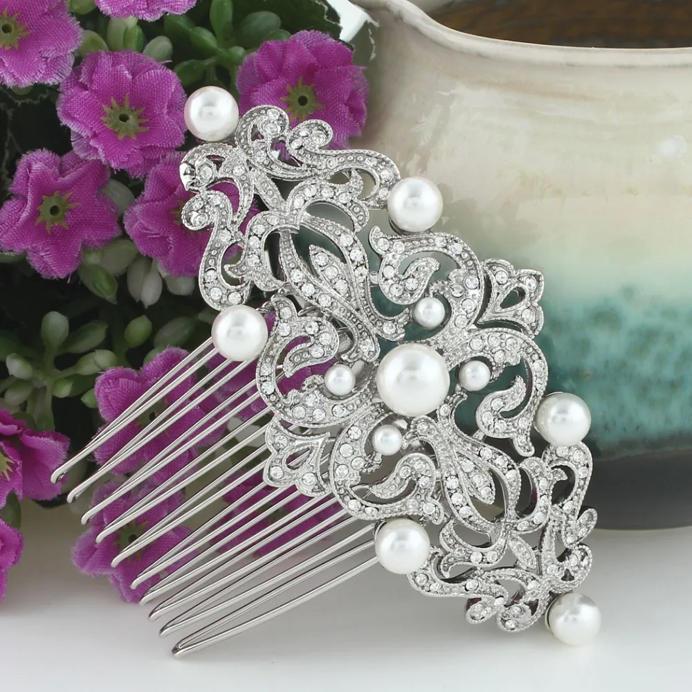 BELLA Bridal Austrian Crystal Hair Comb Pins Simulated Pearl Head Piece For Wedding Hair Piece Bridesmaid