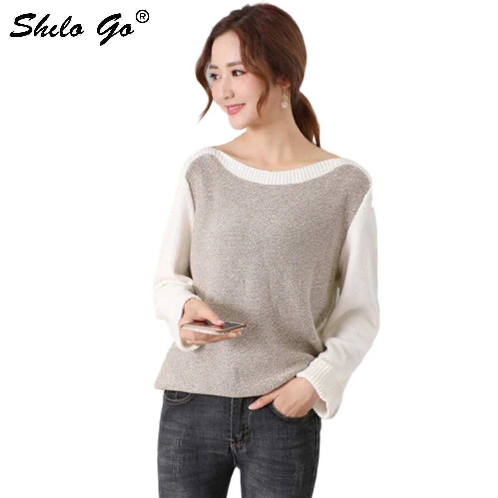 100% Cotton Shoulder Off Sweater Women Spring Plus size Casual Long Sleeve Sweater Tops Streetwear Patchwork Pullover Jumper