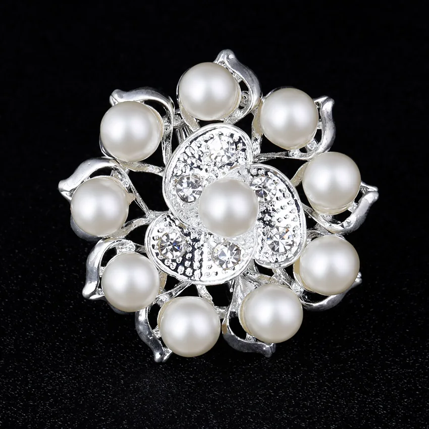 Silver Plated Brooch Small Round Flower Rhinestone Imitation pearls