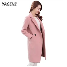 YAGENZ 2017 Winter Woolen Jacket Women Double Breasted Elegant Slim Long Overcoat Casual Solid Winter Jacket Women Clothing 2XL