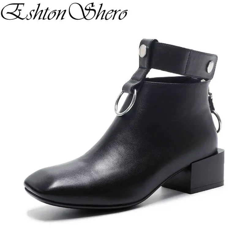 

EshtonShero Women Shoes Solid Woman Ankle Boots Cow Leather+PU Med Heel Pointed Toe Bukle Ladies Motorcycle Boots Size 34-39