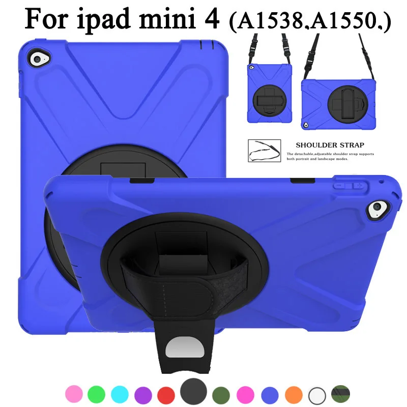 

New Shockproof Case For ipad minin 4 7.9inch Kids Silicone Stand Tablet Case Cover with Wrist + Shoulder Strap Funda Coque