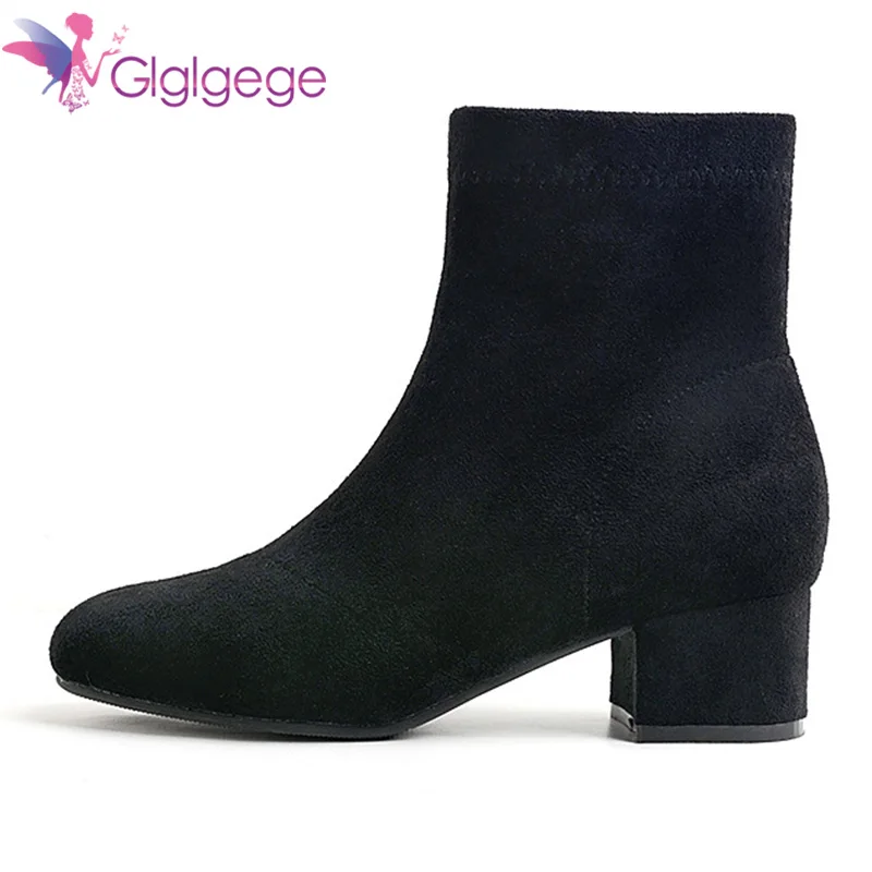 

Glglgege Female 2018 New Autumn And Winter Women's Shoes Square Head Boots Female Thick With Zipper Suede With Ankle Boots Women