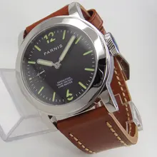 2018 Mais Novo 44mm parnis Black Dial Ponteiros Luminosos do relógio de aço Inoxidável Caso 17 Jewels 6497 movimento do Vento Mão Mecânica dos homens Assista