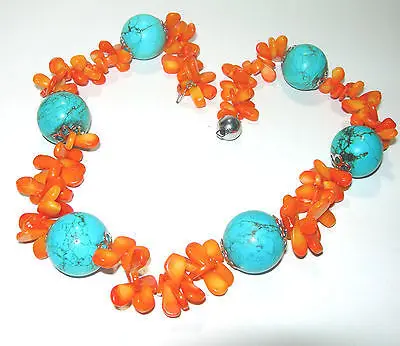 

1143 VINTAGE TURQUOISE & DYED CORAL ORANGE COLOR MOTHER OF PEARL NECKLACE