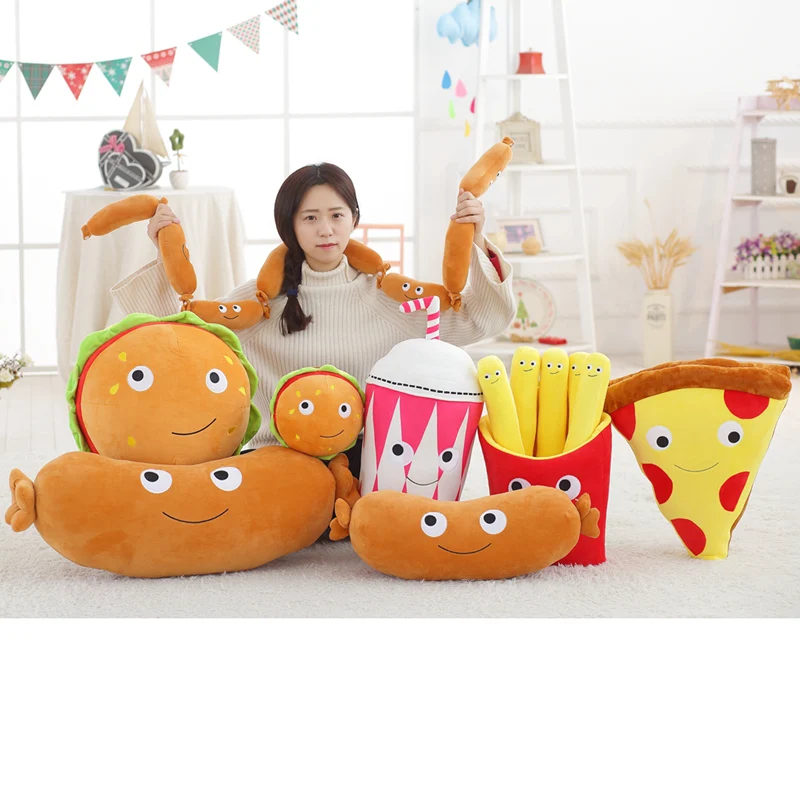 

Plush Lifelike Food Toys Plush Pizza Hamburger Chips Sausage Milk Tea Pillow Cushions Creative Kids Gifts Home Decor