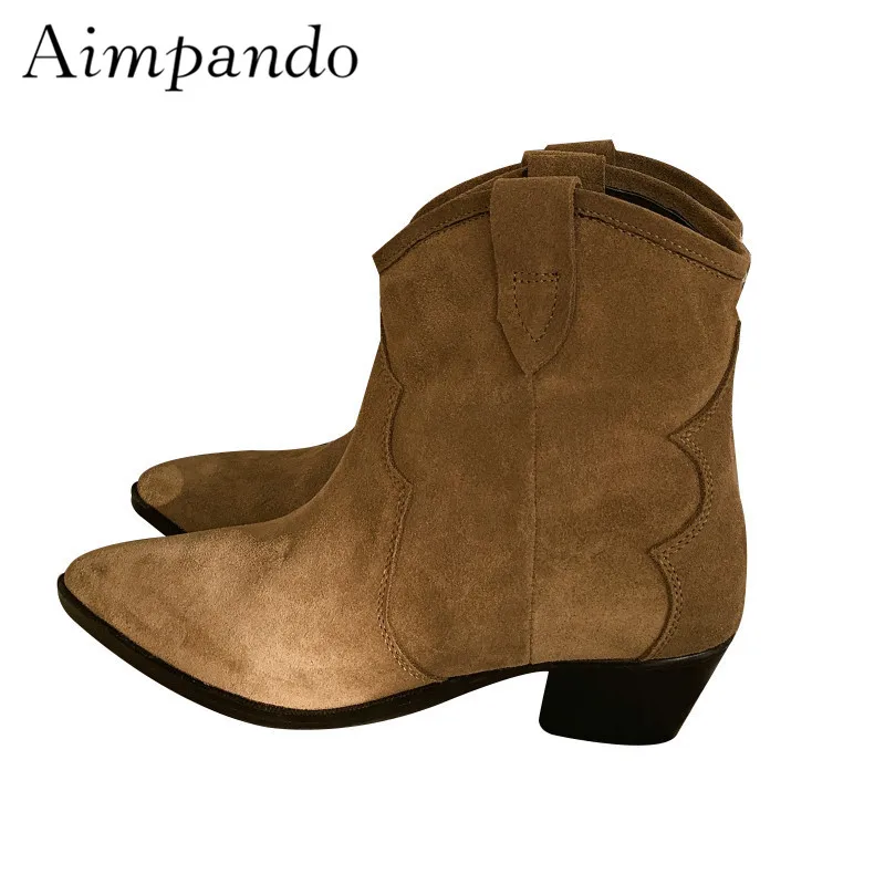 

Brown Suede Knight Boots Square Spike Kitten Heel Pointy Toes Sewing Ankle Boots 2019 Fashion Autumn Short Boots