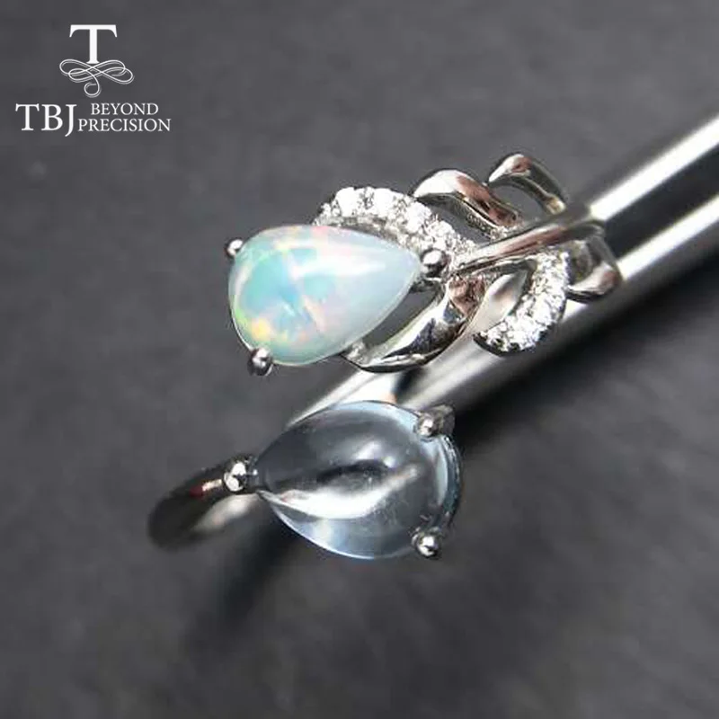 

TBJ,Feather gemstone Ring with natural ethopian opal and blue topaz in 925 sterling silver fine jewelry for girls with gift box