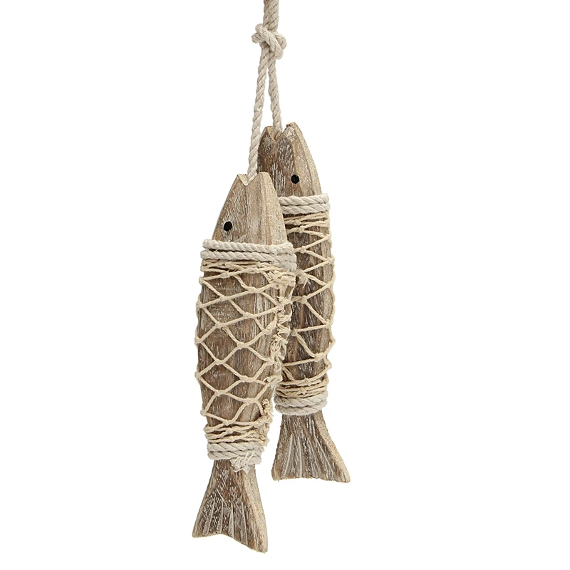 KiWarm 2 piezas Retro estilo mediterráneo Retro rústico tallado a mano colgante de madera peces adornos para colgar en el hogar Decoración regalo