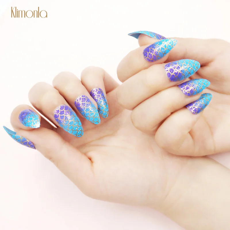 

24pcs False Nail Tips Set Stiletto Designs Blue Fish Scale Fake Nails For UV Gel Acrylic Press On Nails Manicure Tools