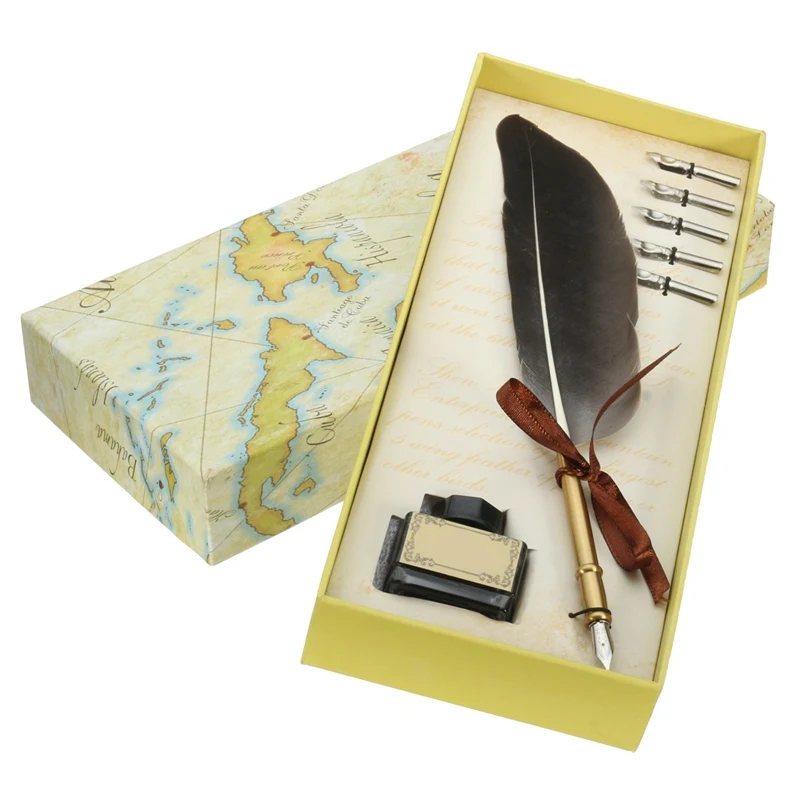 

New Black Antique Quill Feather Dip Pen Writing Ink Set Stationery Gift Box with 5 Nib Wedding Gift Quill Pen Fountain Pen