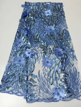 

High-end 3d flower wholesale five yards sapphire sequins woven mesh embroidery wedding/eving/display dress lace fabrics